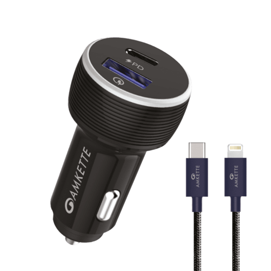 Power Pro 2 Port 7.2 Amp PD Car Charger + Type C to 8 Pin Cable – Amkette